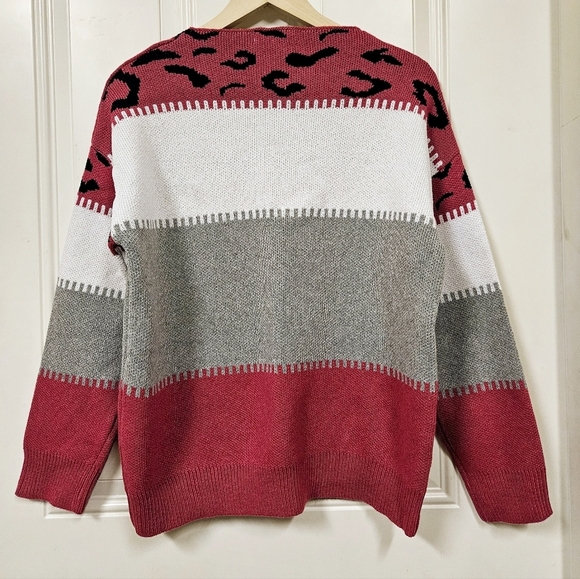 Misslook leopard color block pink grey white tight knit sweater size XS - Picture 2 of 8